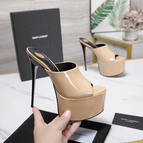 YSL Platform Mules Stiletto Heel Beige Patent Leather 961635