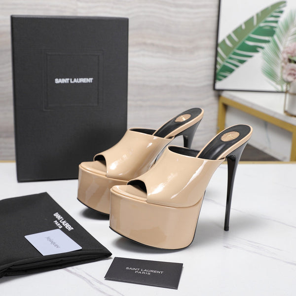 YSL Platform Mules Stiletto Heel Beige Patent Leather 961635