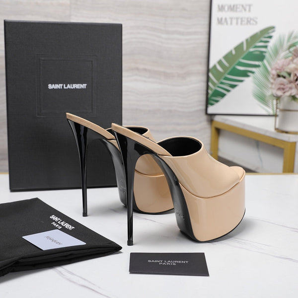 YSL Platform Mules Stiletto Heel Beige Patent Leather 961635