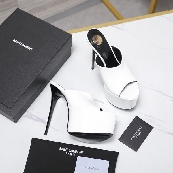 YSL Platform Mules Stiletto Heel White Patent Leather 961634