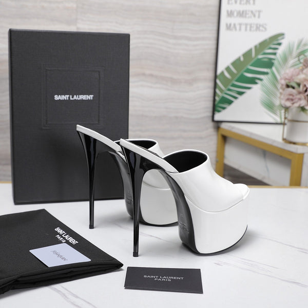 YSL Platform Mules Stiletto Heel White Patent Leather 961634
