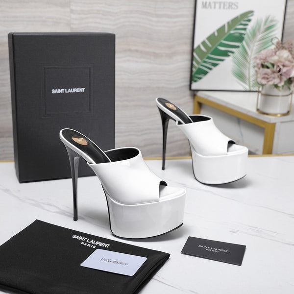 YSL Platform Mules Stiletto Heel White Patent Leather 961634