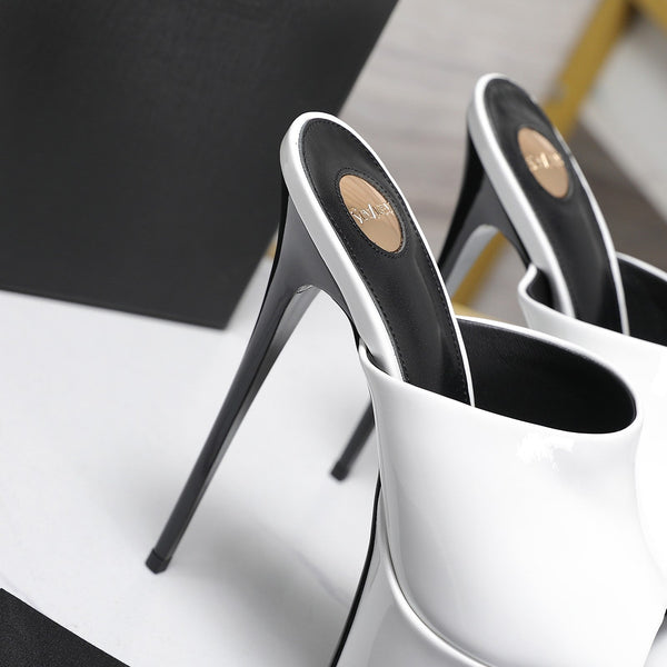 YSL Platform Mules Stiletto Heel White Patent Leather 961634