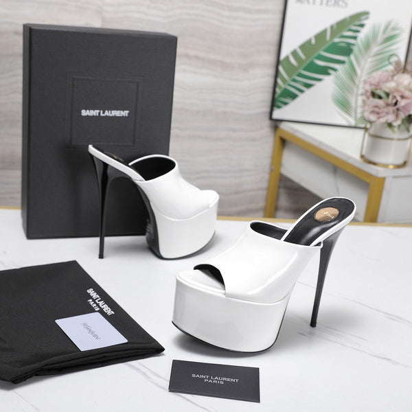 YSL Platform Mules Stiletto Heel White Patent Leather 961634