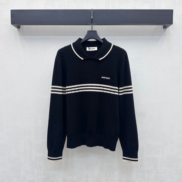 Miu Knit Polo Sweater White Stripes Black Wool 418690