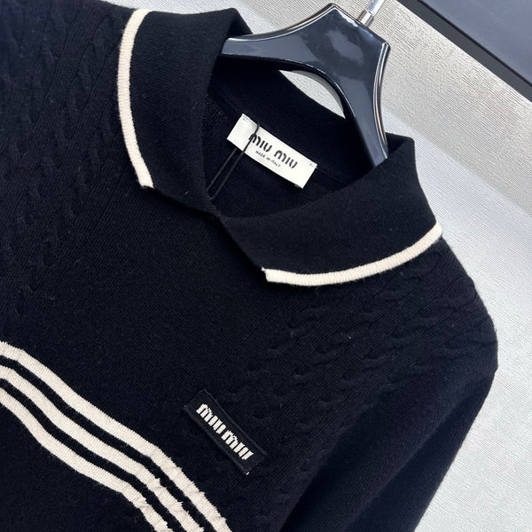 Miu Knit Polo Sweater White Stripes Black Wool 418690