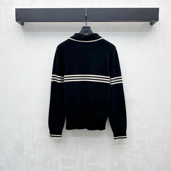 Miu Knit Polo Sweater White Stripes Black Wool 418690
