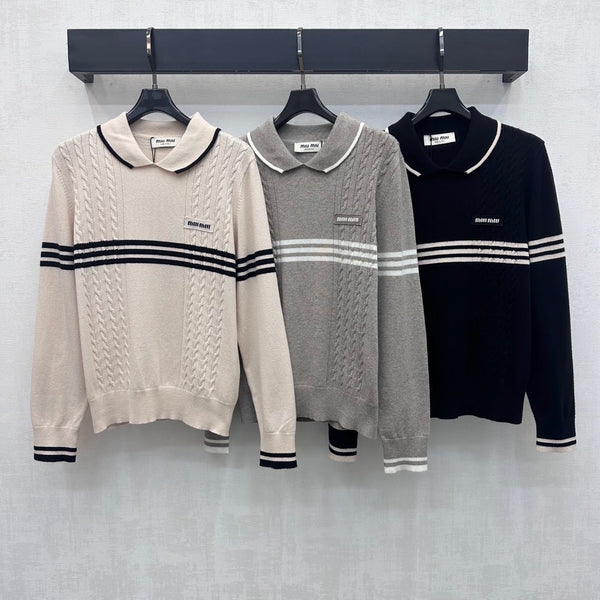 Miu Knit Polo Sweater White Stripes Black Wool 418690