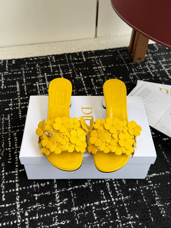 CD Bloom Mules 4.5CM Yellow Leather Flowers Bee Accent 966852