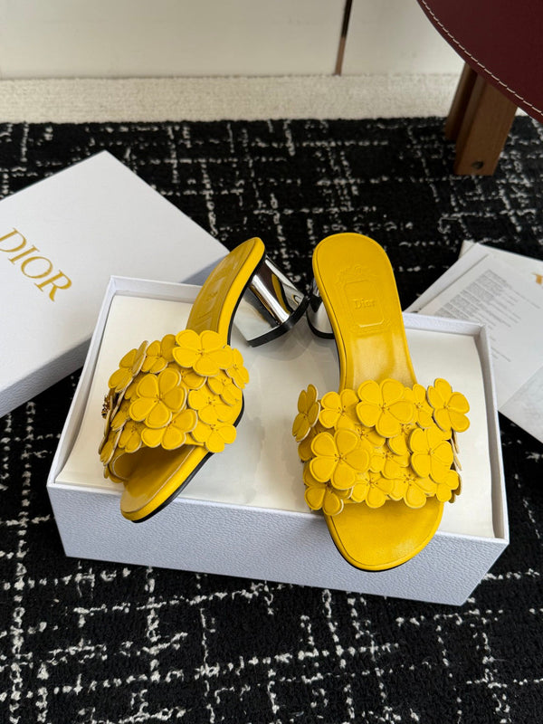 CD Bloom Mules 4.5CM Yellow Leather Flowers Bee Accent 966852