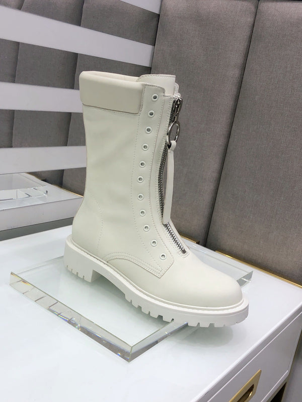 CD Combat Boots Mid-Calf Front Zipper Milk White Leather 965382