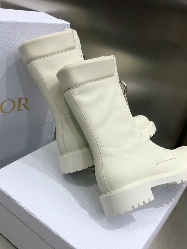 CD Combat Boots Mid-Calf Front Zipper Milk White Leather 965382