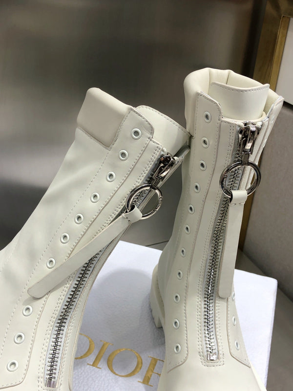 CD Combat Boots Mid-Calf Front Zipper Milk White Leather 965382