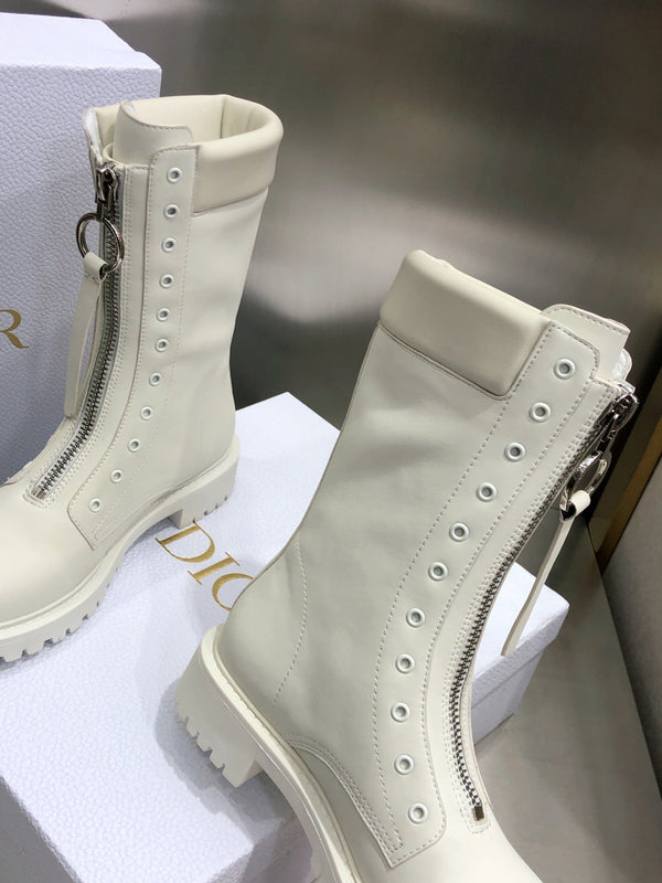 CD Combat Boots Mid-Calf Front Zipper Milk White Leather 965382