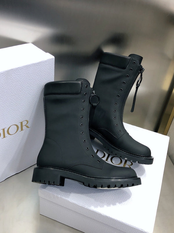 CD Combat Boots Mid-Calf Front Zipper Black Leather 965381
