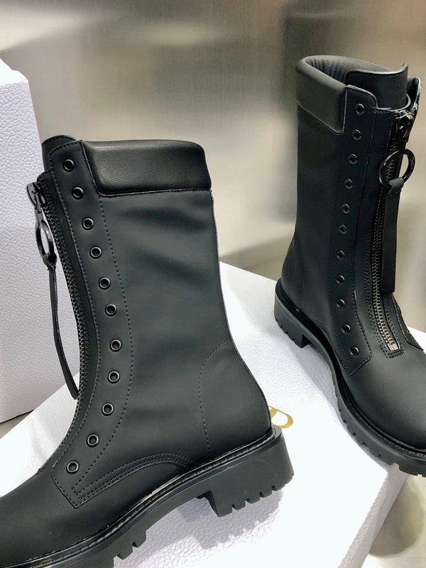 CD Combat Boots Mid-Calf Front Zipper Black Leather 965381