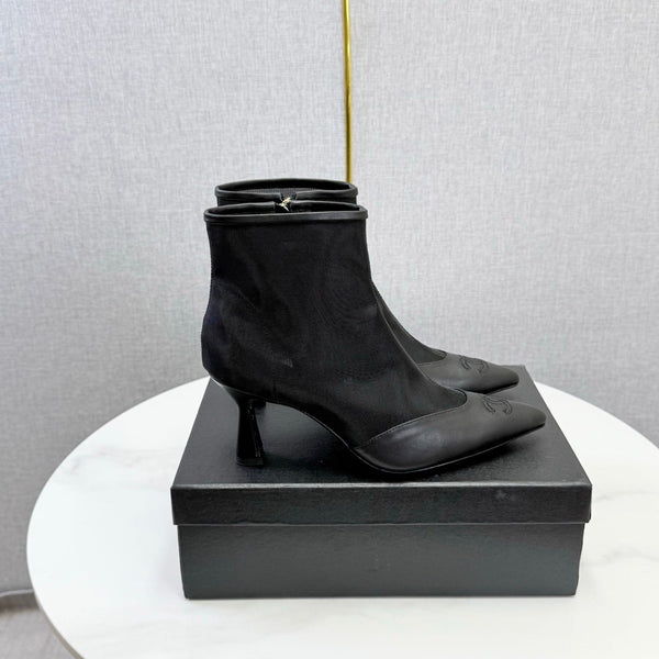 CC 26s Pointed-Toe Stiletto Ankle Boots Black Sheepskin Mesh 972790