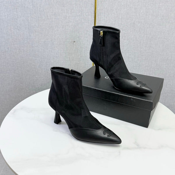 CC 26s Pointed-Toe Stiletto Ankle Boots Black Sheepskin Mesh 972790