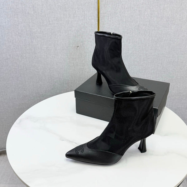 CC 26s Pointed-Toe Stiletto Ankle Boots Black Sheepskin Mesh 972790