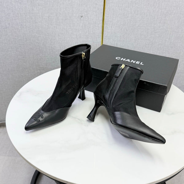 CC 26s Pointed-Toe Stiletto Ankle Boots Black Sheepskin Mesh 972790