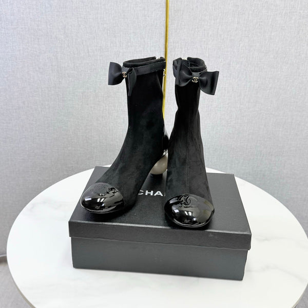 CC Mid-Calf Boots Pearl Ball Heel Bow Black Suede Leather 972797