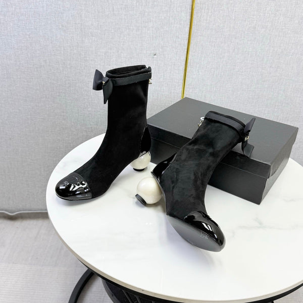 CC Mid-Calf Boots Pearl Ball Heel Bow Black Suede Leather 972797