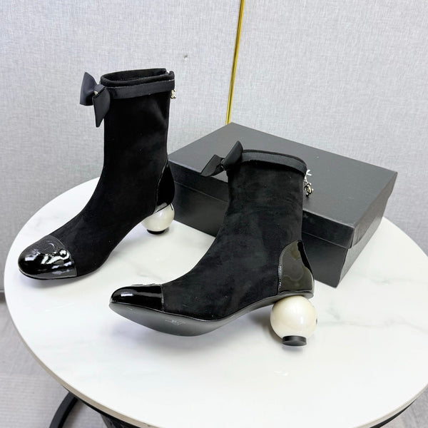 CC Mid-Calf Boots Pearl Ball Heel Bow Black Suede Leather 972797