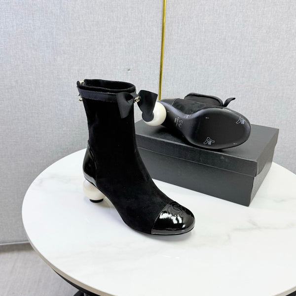CC Mid-Calf Boots Pearl Ball Heel Bow Black Suede Leather 972797