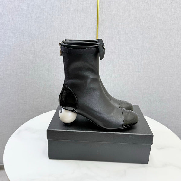 CC Mid-Calf Boots Pearl Ball Heel Bow Black Leather 972798