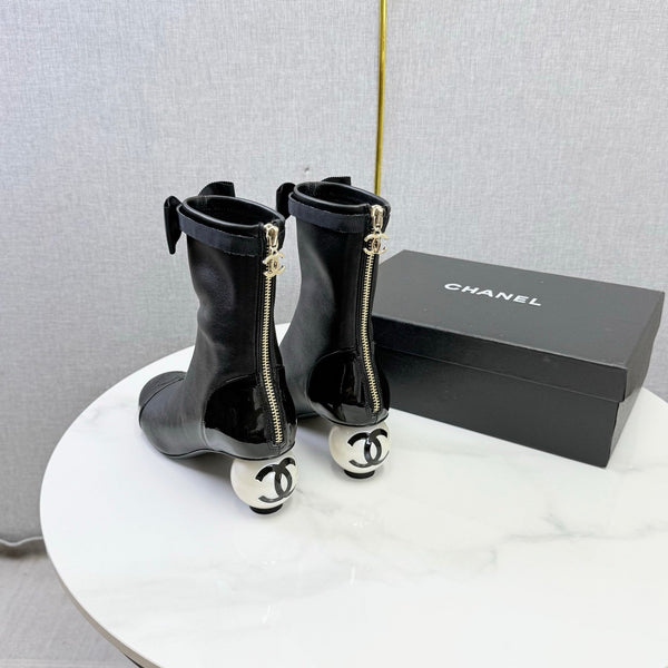 CC Mid-Calf Boots Pearl Ball Heel Bow Black Leather 972798