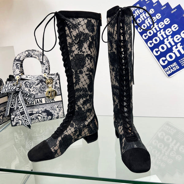 CD Lace Knee-High Boots 3.5Cm Black Lace Suede 981811