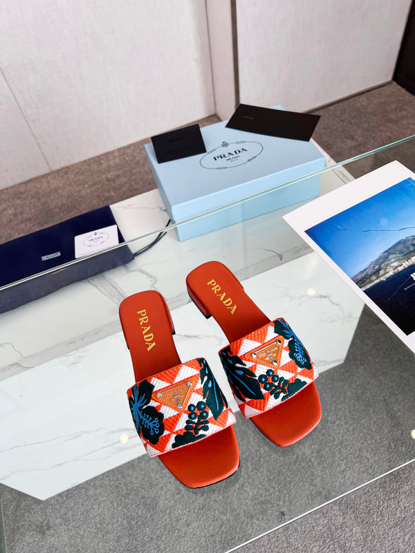 Prad 26s Floral Print Slides Orange Leather Cotton 986595