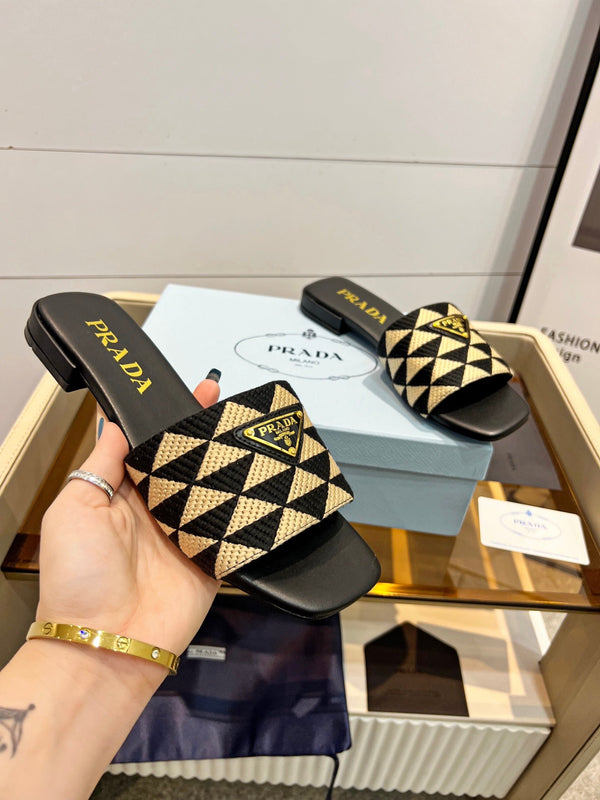 Prad 26s Enameled Metal Triangle Printed Slides Black  Beige Leather Cotton 986591