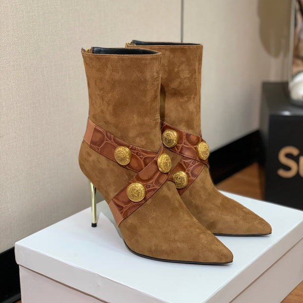 BM 26S Pointed-Toe Boots 10.5cm Gold Logo Buttons Tan Suede & Embossed Leather 111355