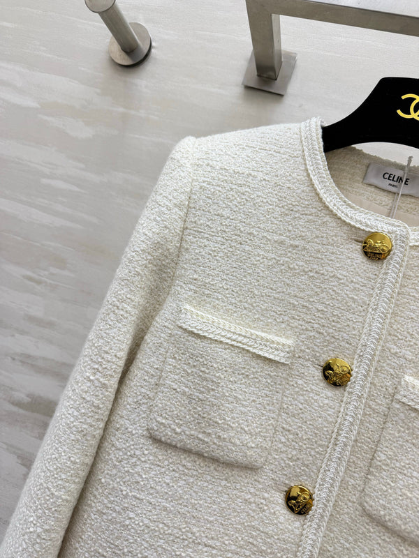 CE Short Bouclé Tweed Jackets Gold Buttons Dual Patch Pockets 430352