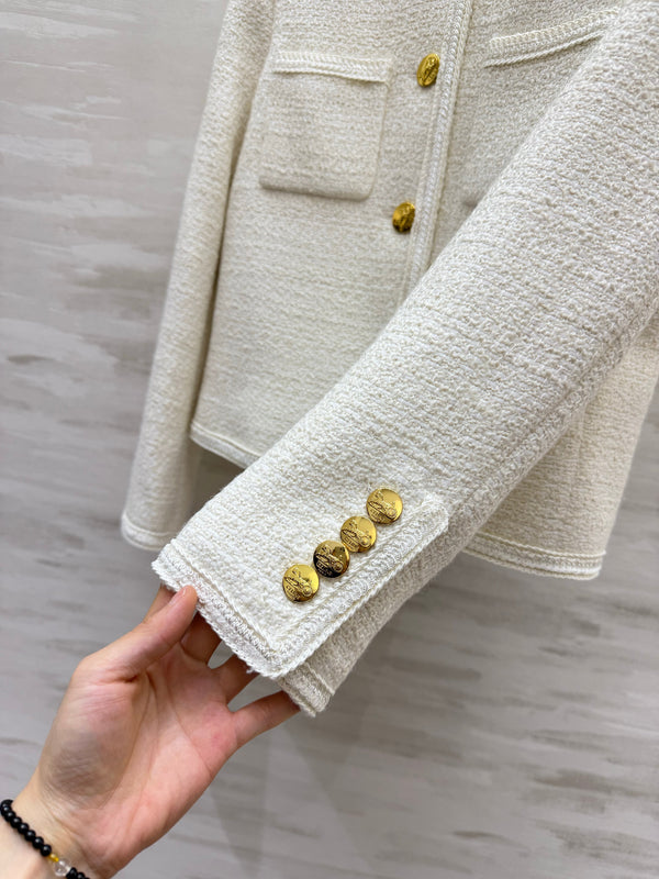 CE Short Bouclé Tweed Jackets Gold Buttons Dual Patch Pockets 430352