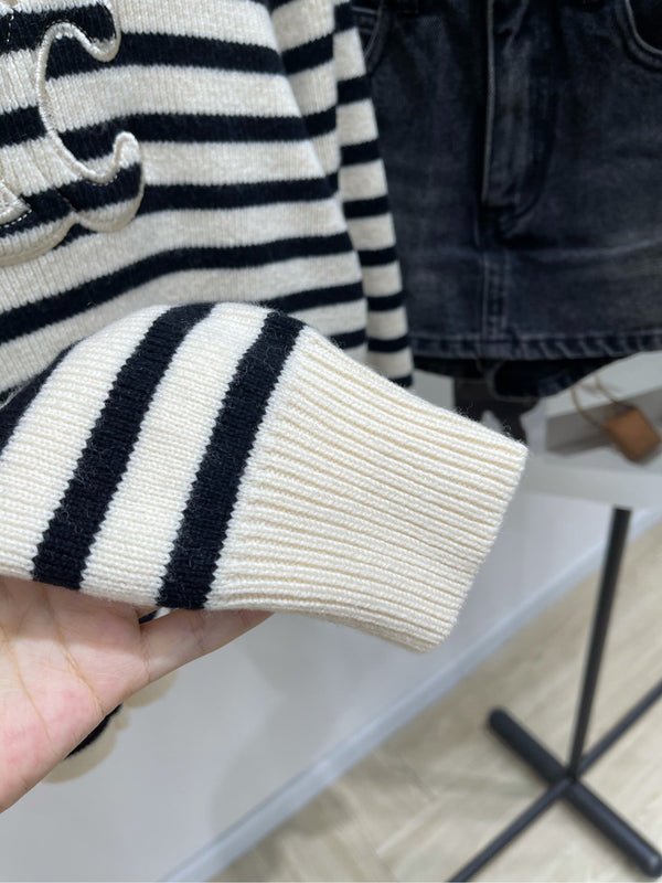 CE 26S Striped Crewneck Sweater Triomphe Logo Ecru Black Wool 430373