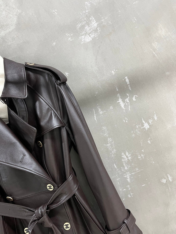 CC Double-breasted Trench Coat With Belt Dark Brown Calfskin