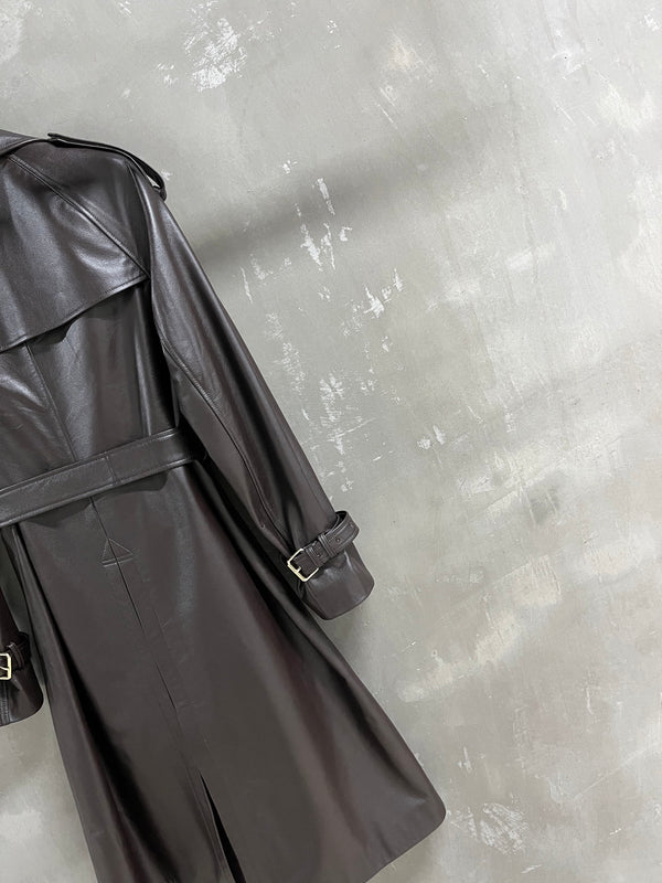 CC Double-breasted Trench Coat With Belt Dark Brown Calfskin