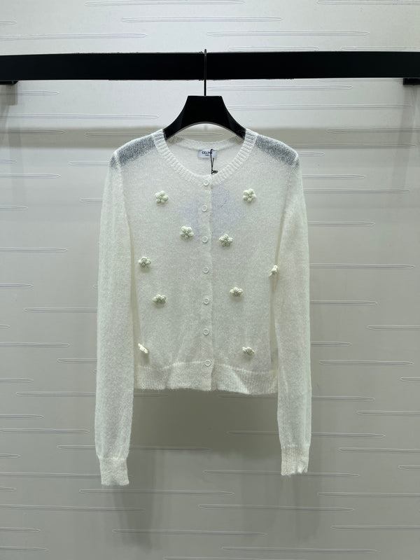 CE 26S Sheer Knit Cardigan 3D Flower Appliqués Mohair 430306