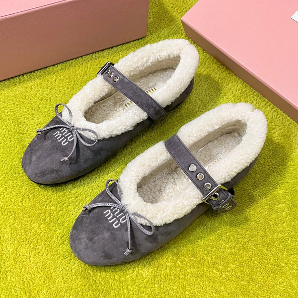 Miu Shearling Trim Mary Jane Flats Bow Detail Grey Suede 137206