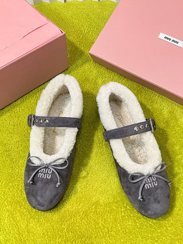 Miu Shearling Trim Mary Jane Flats Bow Detail Grey Suede 137206