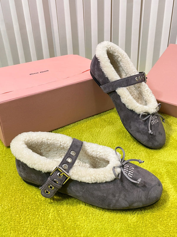 Miu Shearling Trim Mary Jane Flats Bow Detail Grey Suede 137206