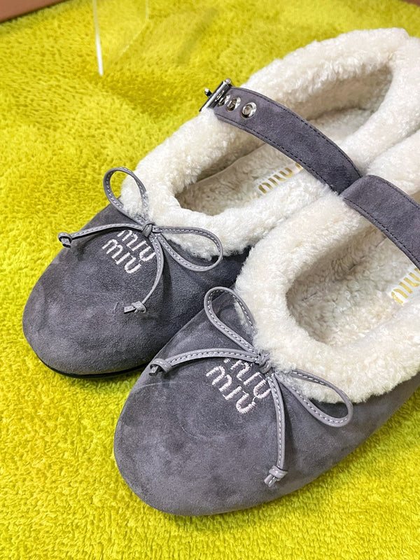 Miu Shearling Trim Mary Jane Flats Bow Detail Grey Suede 137206