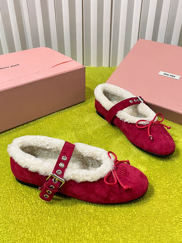 Miu Shearling Trim Mary Jane Flats Bow Detail Red Suede 137205