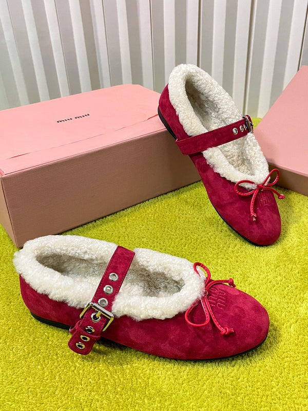 Miu Shearling Trim Mary Jane Flats Bow Detail Red Suede 137205