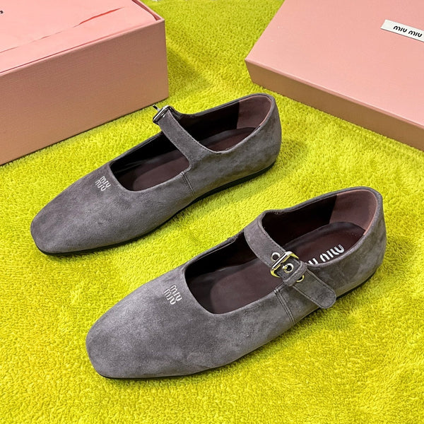Miu 26S Mary Jane Flats Buckled Strap Logo Grey Suede 137201