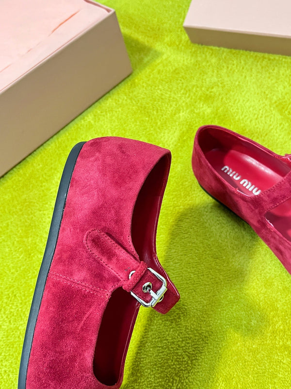 Miu 26S Mary Jane Flats Buckled Strap Logo Red Suede 137198