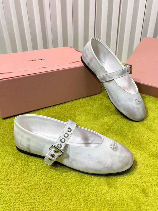 Miu 26S Mary Jane Ballerina Flats Buckle White Cowhide 137196