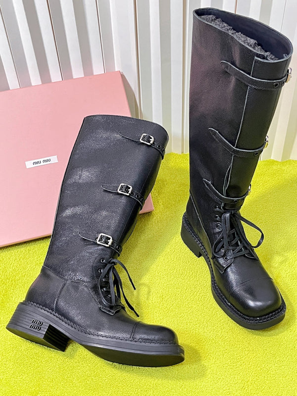 Miu 26S Knee-High Lace-Up Boots 4CM Triple Buckle Black Pebbled Leather 137190